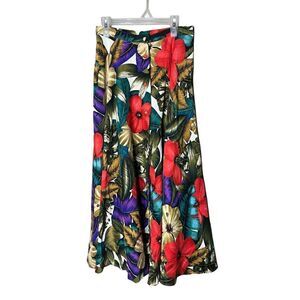 Vintage Dana Buchman 90s Hibiscus Floral Print Silk‎ Button Front Skirt 4